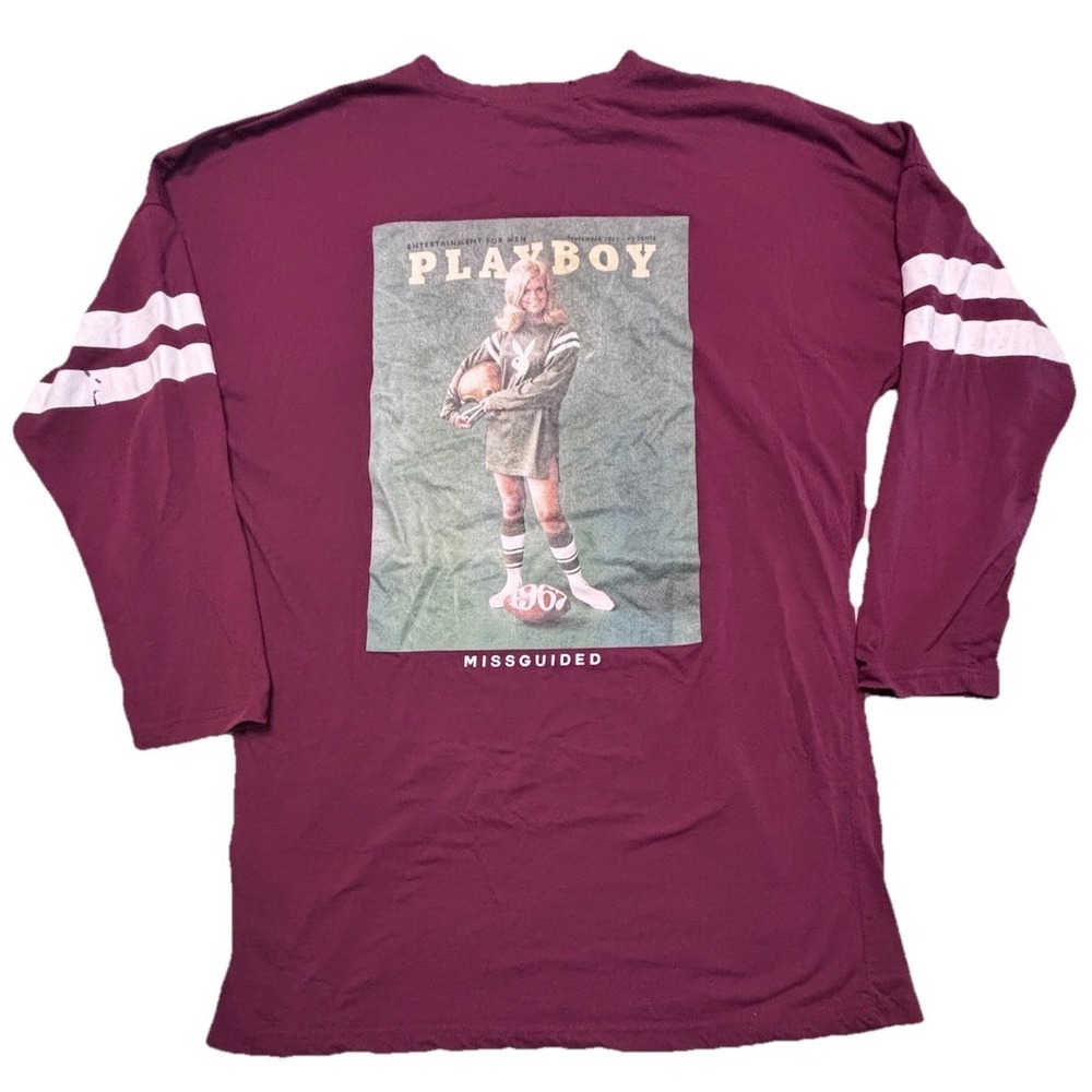 Missguided Playboy Womens Maroon Oversized Tee Logo Long Sleeve Size 8‎ Medium